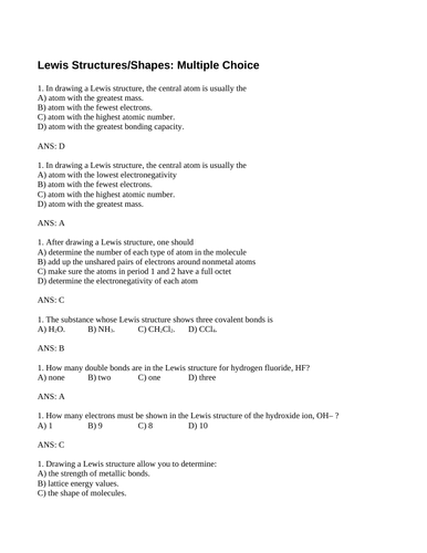 MOLECULE SHAPES and LEWIS STRUCTURES Multiple Choice Grade 11 Chemistry WITH ANSWERS (13PG)