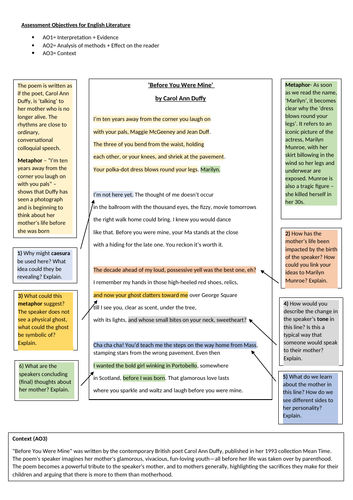 GCSE Poetry: Before You Were Mine- Analysis & Questions