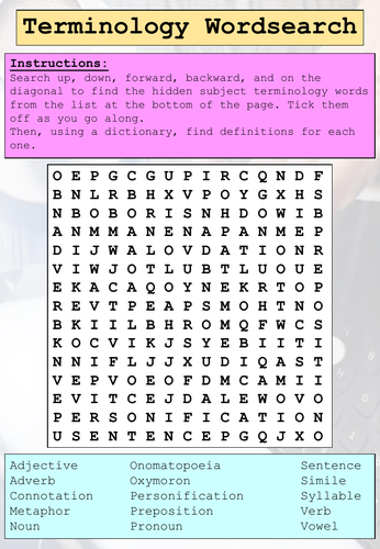 English Terminology Wordsearch