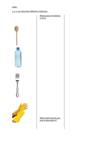 Worksheet on describing materials suitable for Year 1