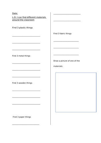Worksheet for a material hunt around the classroom. Suitable for Year 1.