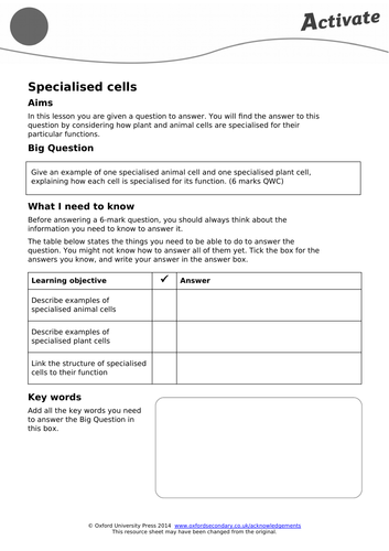 Activate B1 Cells - Specialised Cells (KS3)