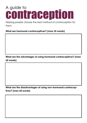 Contraception Worksheet Teaching Resources