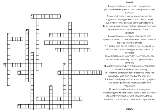 Types of Business Correspondence Crossword