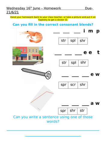 Phase 4 Phonics Homework 3 Consonant Blends