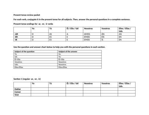 Present tense practice packet all verbs