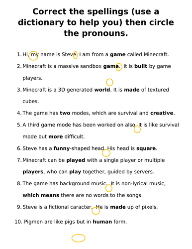 Minecraft sentences spelling activities with pronouns for higher ability