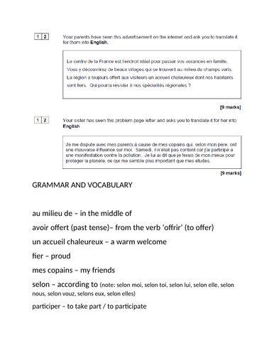 FRENCH GCSE revision sheet -questions extracted from past papers and additional grammar notes
