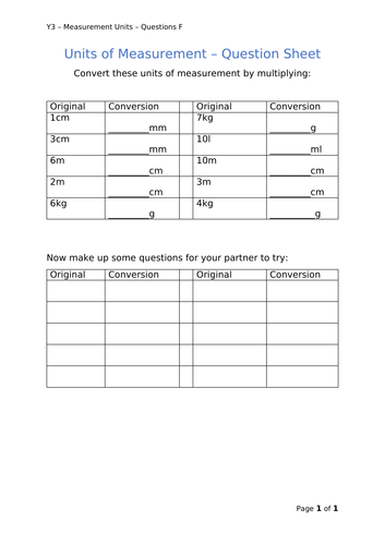 Y3 Maths - Measurement Units (Free)