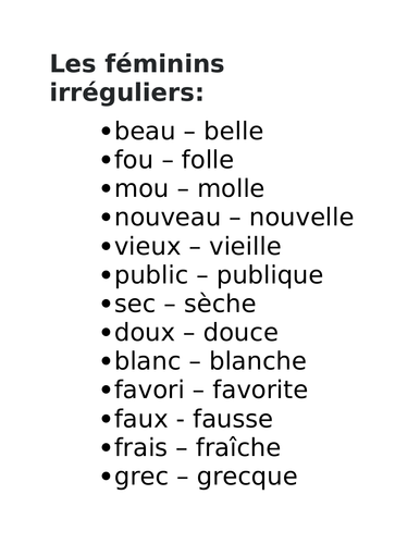 GCSE FRENCH irregular feminine adjectives - handout/ revision sheet