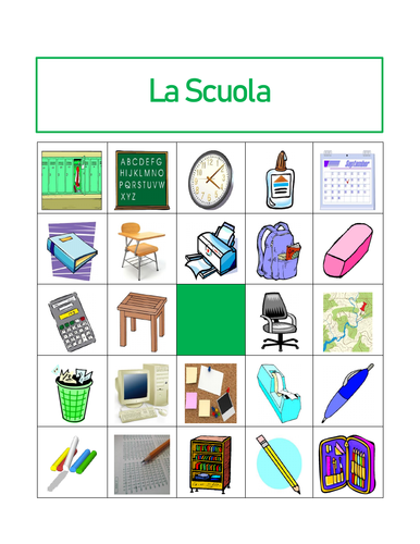 Articoli di cancelleria (School Objects in Italian) Bingo