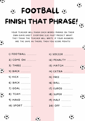 England Football  Finish the Phrase Game - Fun Activity / Worksheet Euros 2020