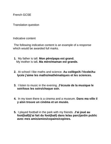 Revision Sheet GCSE French Translation Exercises Lesson Plan 