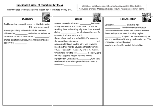 Edquas GCSE 9-1 Sociology: Education: Functionalist view worksheet