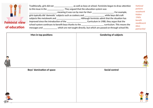 Eduqas GCSE 9-1 Sociology: Education: Feminist views of education worksheet