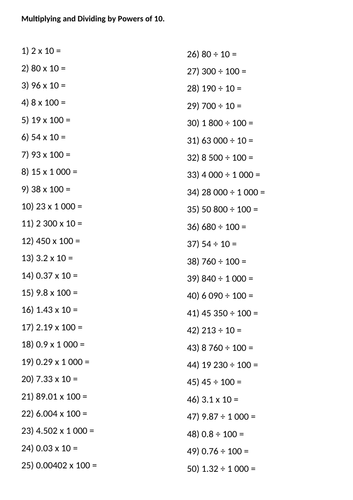 Multiplying and Dividing by 10, 100 and 1000