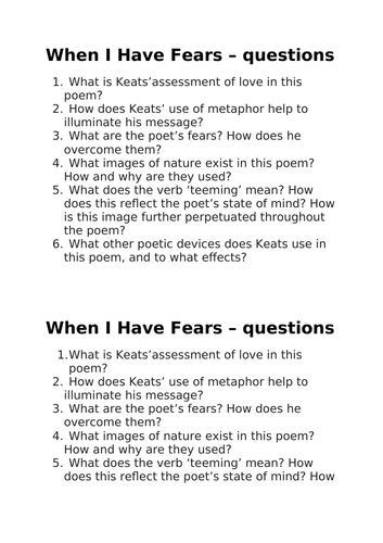 When I Have Fears (Keats) comprehension questions