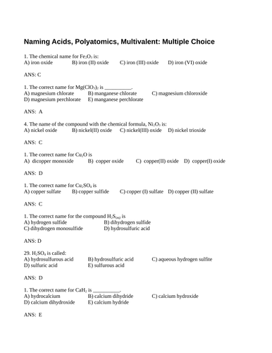 NAMING COMPOUNDS Multiple Choice Grade 11 Chemistry Ionic Covalent 
