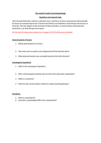 The medical Model of Psychology worksheet (Pearsons Applied Psychology 2018)