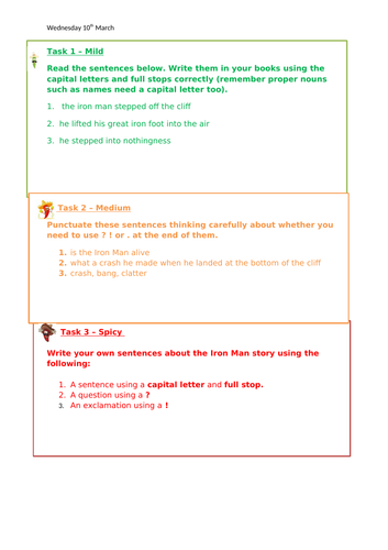 SPAG Basic Punctuation Activity The Iron Man