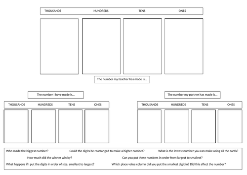 Place Value Game Sheet - 4 digit numbers