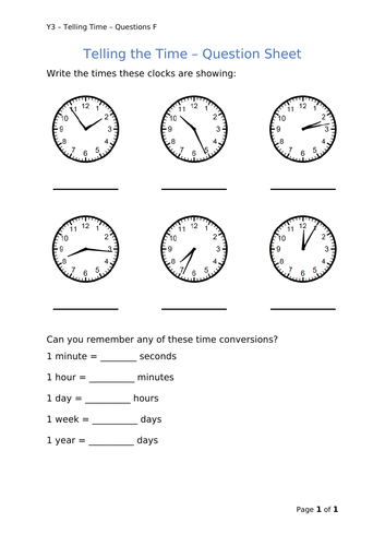 Y3 Maths - Telling Time (Free)