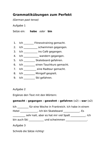 German Past Tense Exercises Teaching Resources