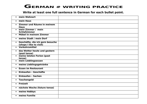 German | writing practice |  Write a sentence for each of the headings