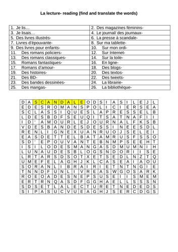 La lecture vocabulary wordsearch