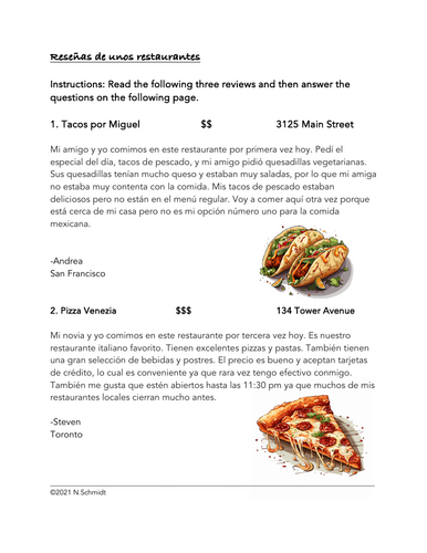 Restaurant Reviews Spanish Reading + Writing Assignment: Reseñas de Restaurantes