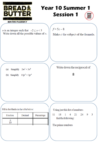 KS4 Numeracy Worksheets - Bread & Butter Questions