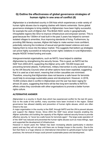 A Level geography model answers: outline the effectiveness of global governance strategies of hum