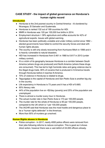 A Level Geography - Honduras case study notes (impact of global governance on human rights) OCR B