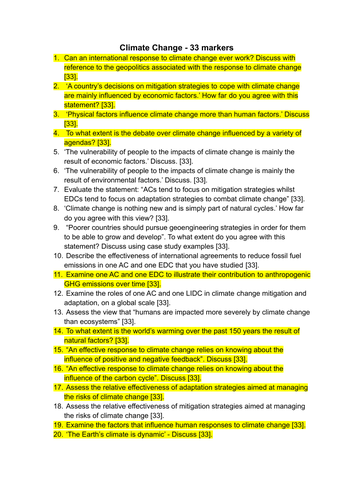 OCR B A Level geography climate change exam questions - 33 markers