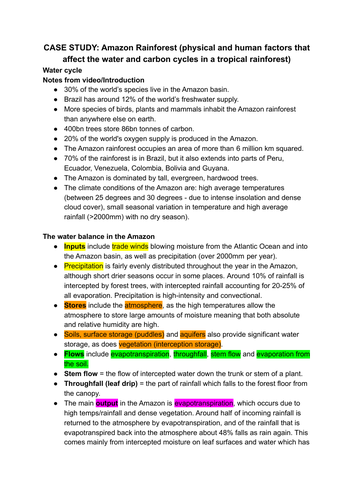 A Level geography notes - Amazon rainforest, earth's life support systems