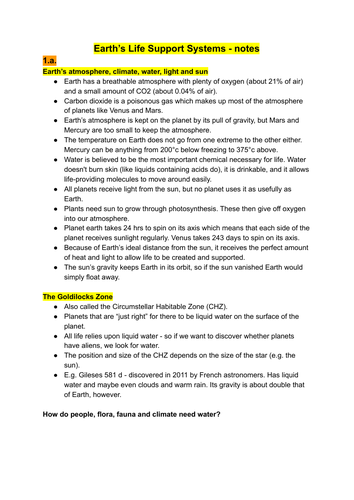 A Level OCR B Geography Earth's Life Support Systems notes