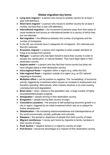 A Level geography global migration key terms