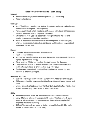 A Level geography coasts notes - East Yorkshire coastline case study