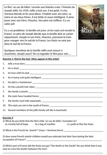 Un sac de billes key stage 3 introductory worksheet for film