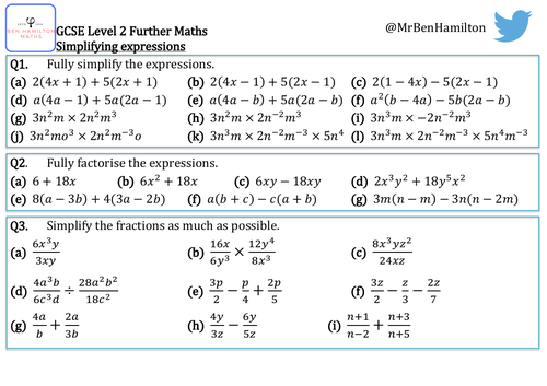 Simplifying Algebraic Expressions GCSE Level 2 Further Maths
