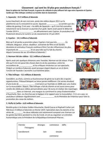 French Youtubers- fun worksheet for sixth form