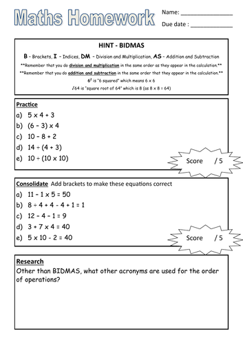 WRM - Year 7 - BIDMAS - Homework