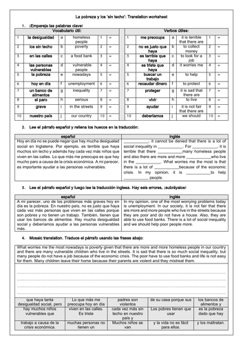 Spanish GCSE Poverty & Homelessness / pobreza & sin techo Translation Worksheet