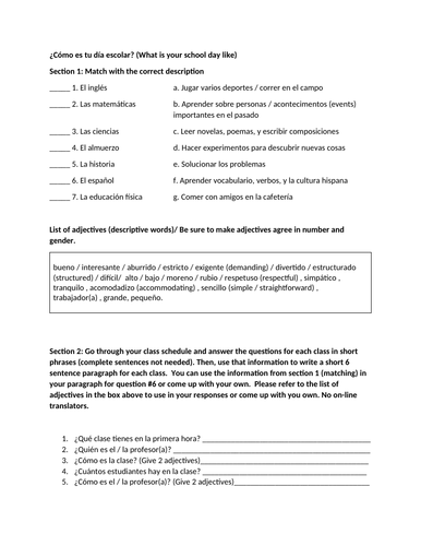 Dia escolar school day writing activity