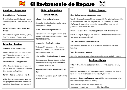 GCSE Spanish menu-style revision/summer worksheet