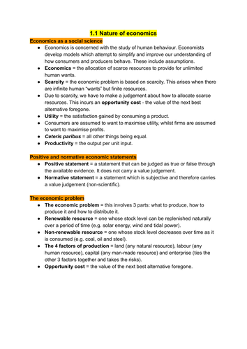 A Level Economics micro theme 1 - Nature of Economics notes