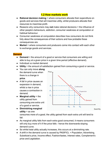 A Level Economics - micro theme 1 notes - 1.2 How Markets Work