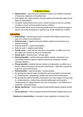 A Level economics - micro - theme 1 - 1.3 Market Failure notes