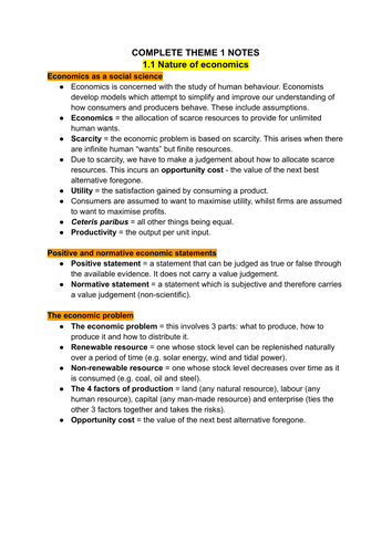 A Level Economics theme 1 microeconomics complete notes