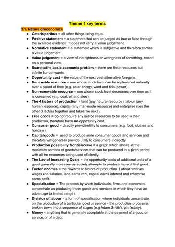 A Level economics theme 1 key terms and phrases